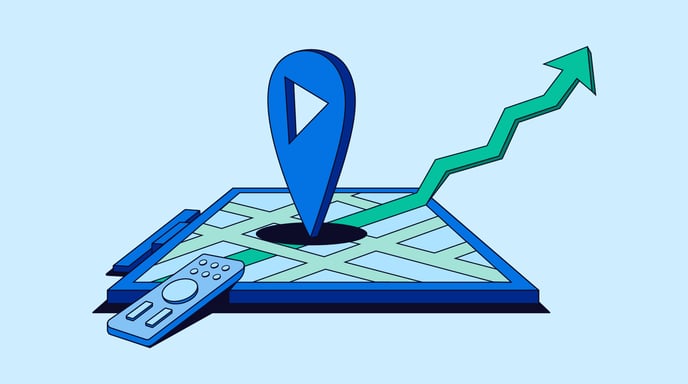 Blue graphic of a line chart going upwards from a digital map, to represent the Haworth Comscore Partnership x The Trade Desk